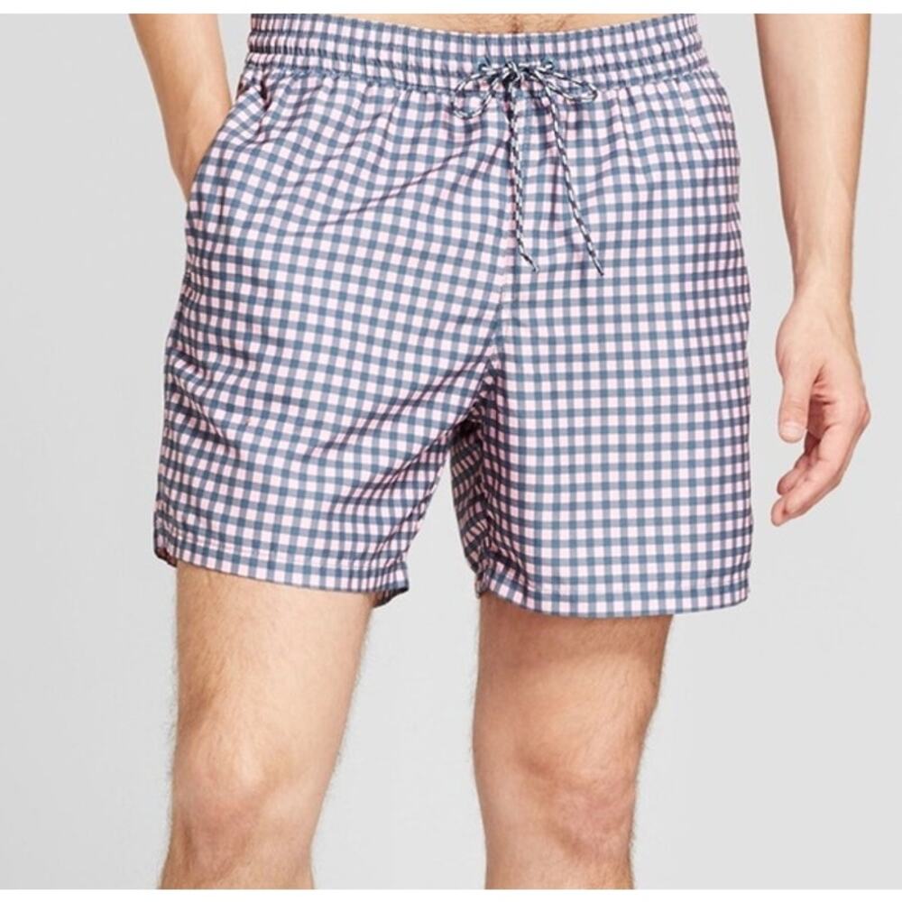 Goodfellow Men's Pink Navy Blue Check Plaid Gingham Swim Trunks Size Large